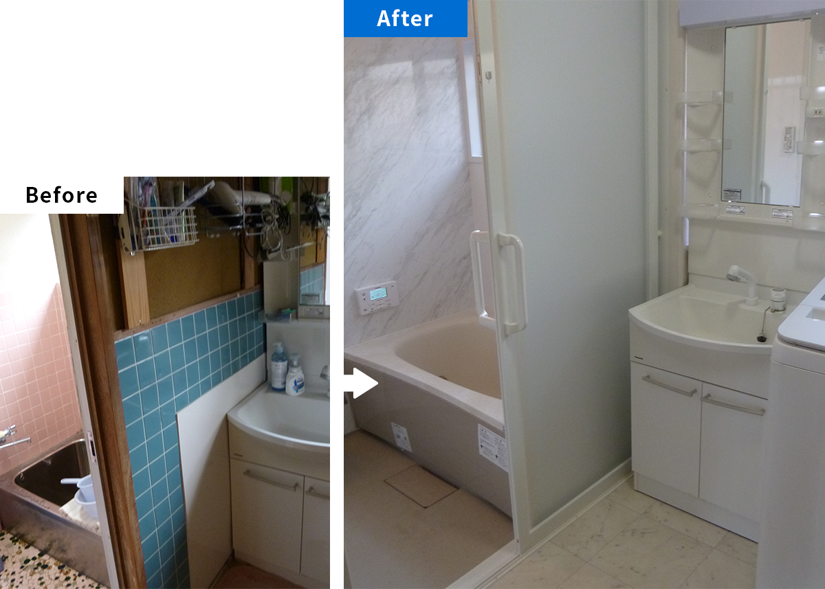 福山市御幸町N様邸 リフォーム後の浴室と洗面台 掃除しやすく冬もあたたかい空間